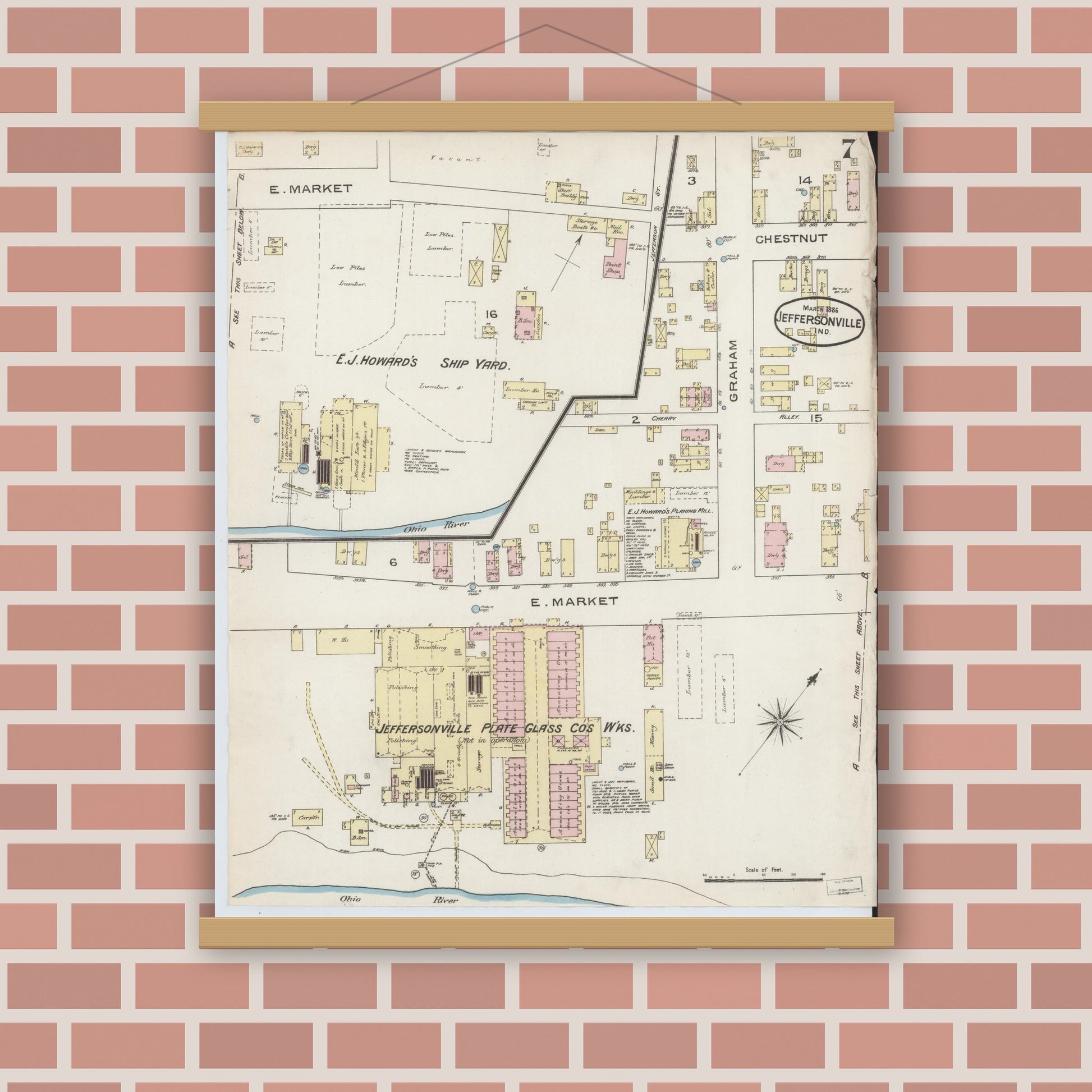 Old map wall art mockup — magnetic wood frame on brick wall — Sanborn Fire Insurance Map from Jeffersonville, Clark County, Indiana (1886), Sheet #0007
