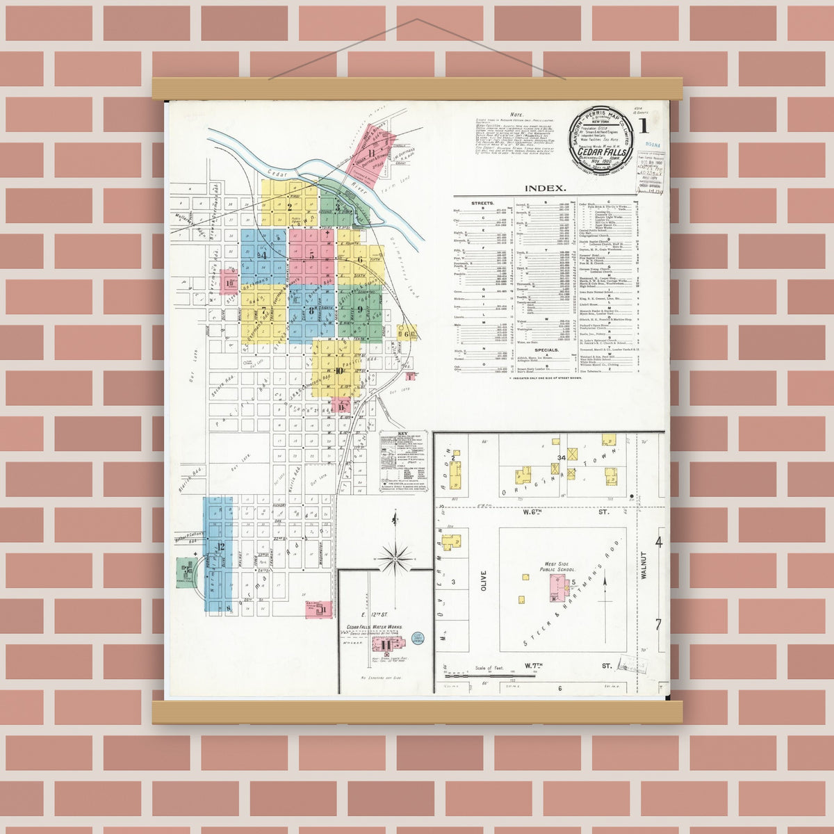 Old map wall art mockup — magnetic wood frame on brick wall — Sanborn Fire Insurance Map from Cedar Falls, Black Hawk County, Iowa (1900) â€” Complete Set