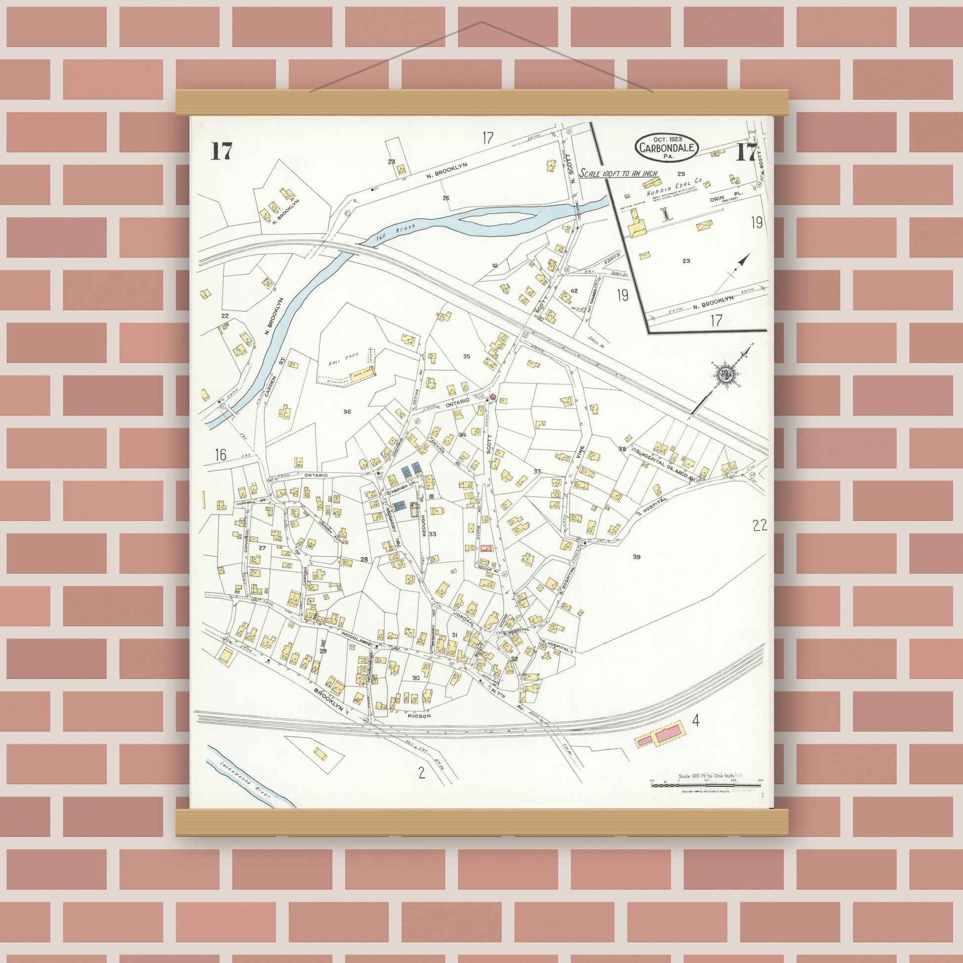 Old map wall art mockup — magnetic wood frame on brick wall — Sanborn Fire Insurance Map from Carbondale, Lackawanna County, Pennsylvania (1923), Sheet #0017