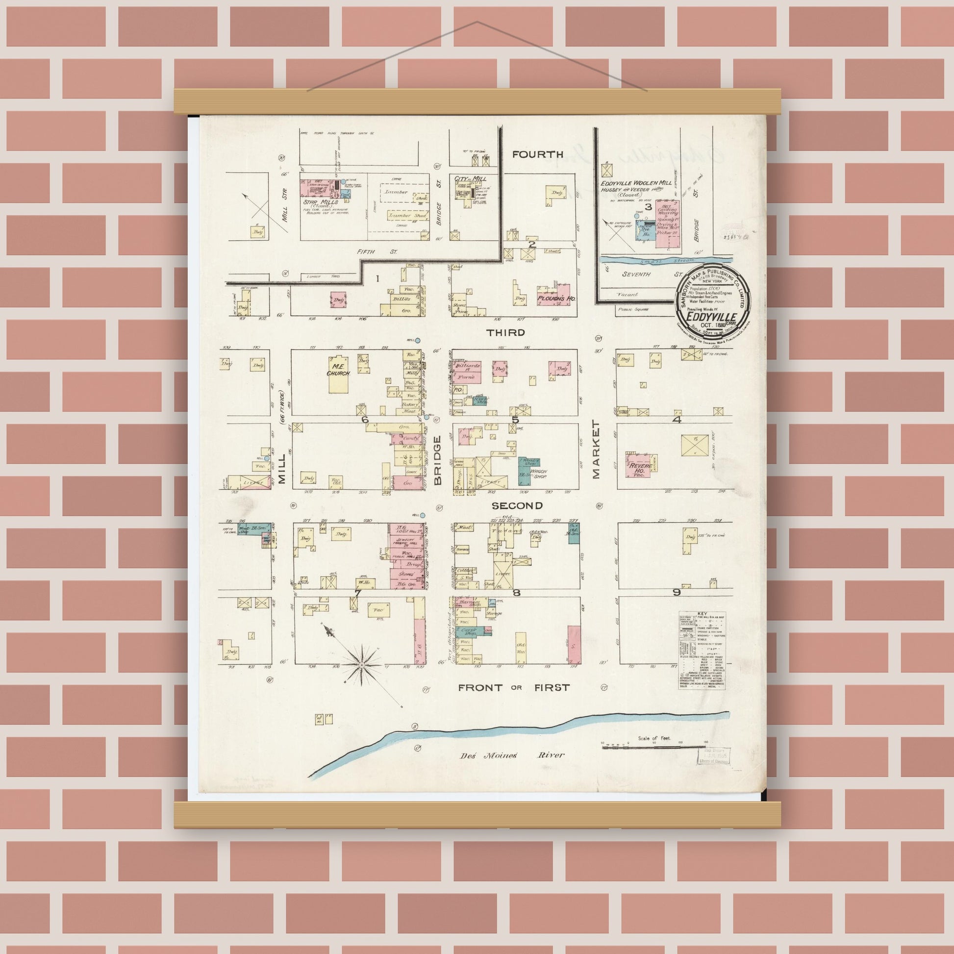 Old map wall art mockup — magnetic wood frame on brick wall — Sanborn Fire Insurance Map from Eddyville, Wapello County, Iowa (1885), Sheet #0001