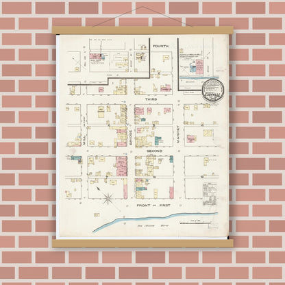 Old map wall art mockup — magnetic wood frame on brick wall — Sanborn Fire Insurance Map from Eddyville, Wapello County, Iowa (1885), Sheet #0001
