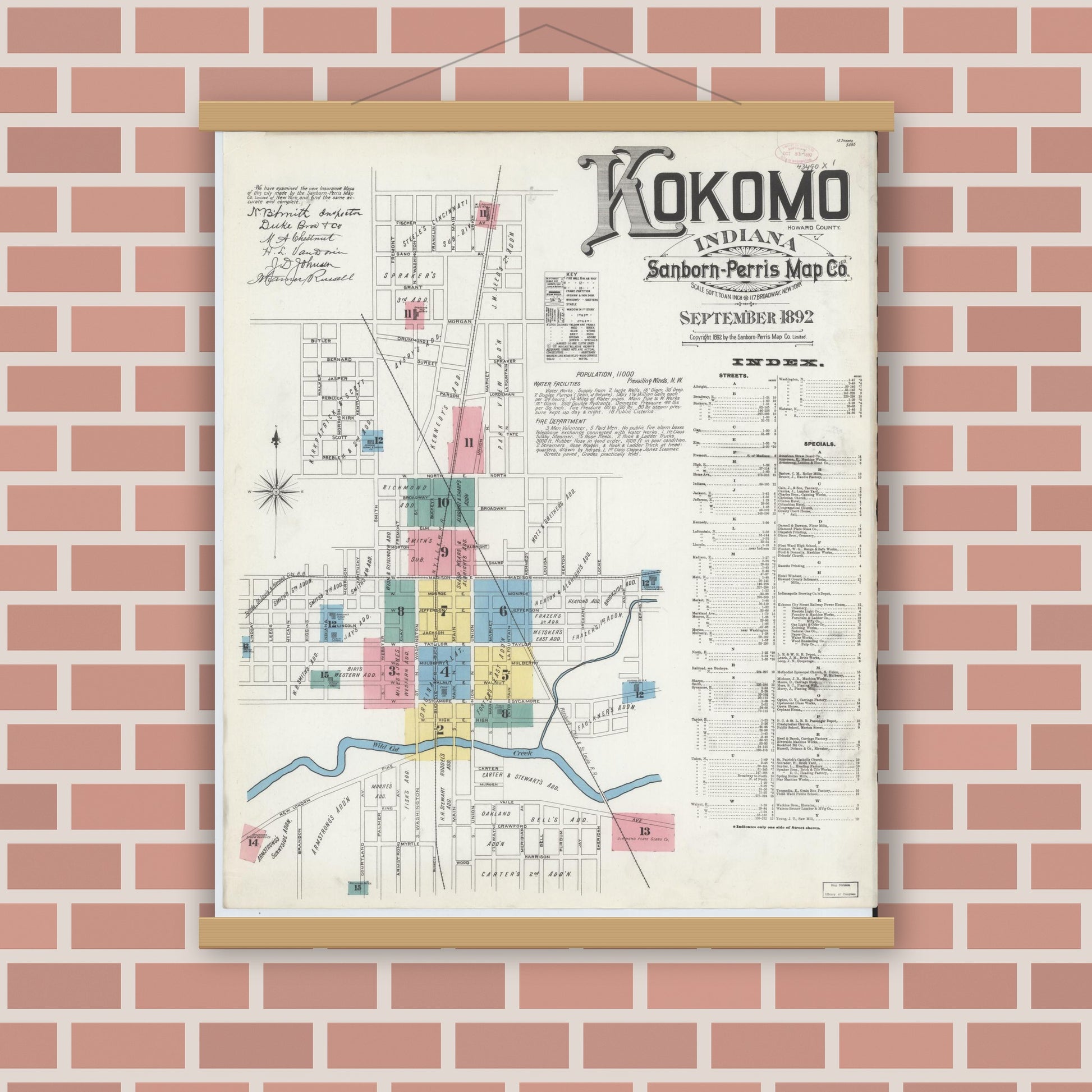 Old map wall art mockup — magnetic wood frame on brick wall — Sanborn Fire Insurance Map from Kokomo, Howard County, Indiana (1892) - Complete Map Set