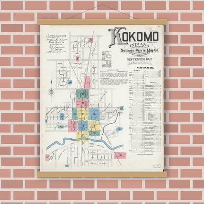 Old map wall art mockup — magnetic wood frame on brick wall — Sanborn Fire Insurance Map from Kokomo, Howard County, Indiana (1892) - Complete Map Set