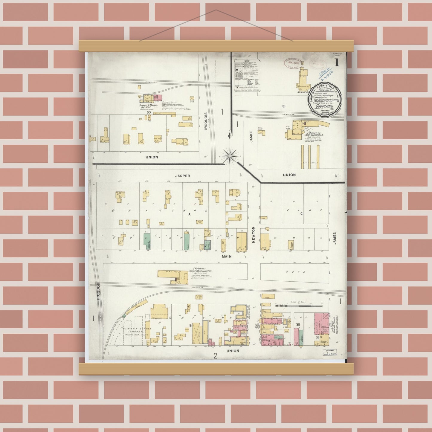 Old map wall art mockup — magnetic wood frame on brick wall — Sanborn Fire Insurance Map from Goodland, Newton County, Indiana (1899) - Complete Map Set