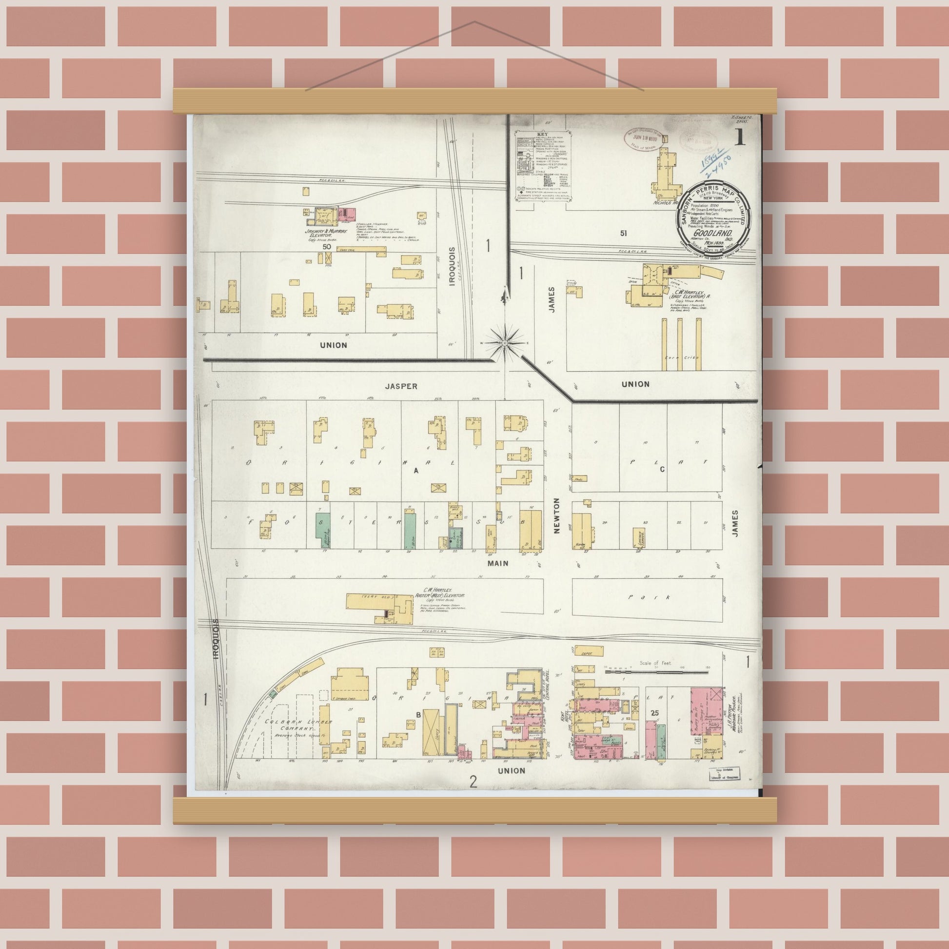 Old map wall art mockup — magnetic wood frame on brick wall — Sanborn Fire Insurance Map from Goodland, Newton County, Indiana (1899) - Complete Map Set