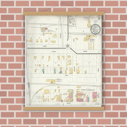 Old map wall art mockup — magnetic wood frame on brick wall — Sanborn Fire Insurance Map from Goodland, Newton County, Indiana (1899) - Complete Map Set