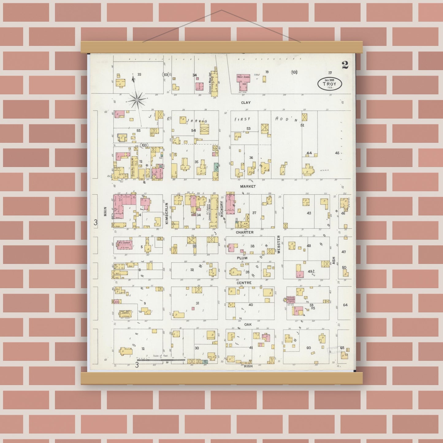 Old map wall art mockup — magnetic wood frame on brick wall — Sanborn Fire Insurance Map from Troy, Madison County, Illinois (1899), Sheet #0002