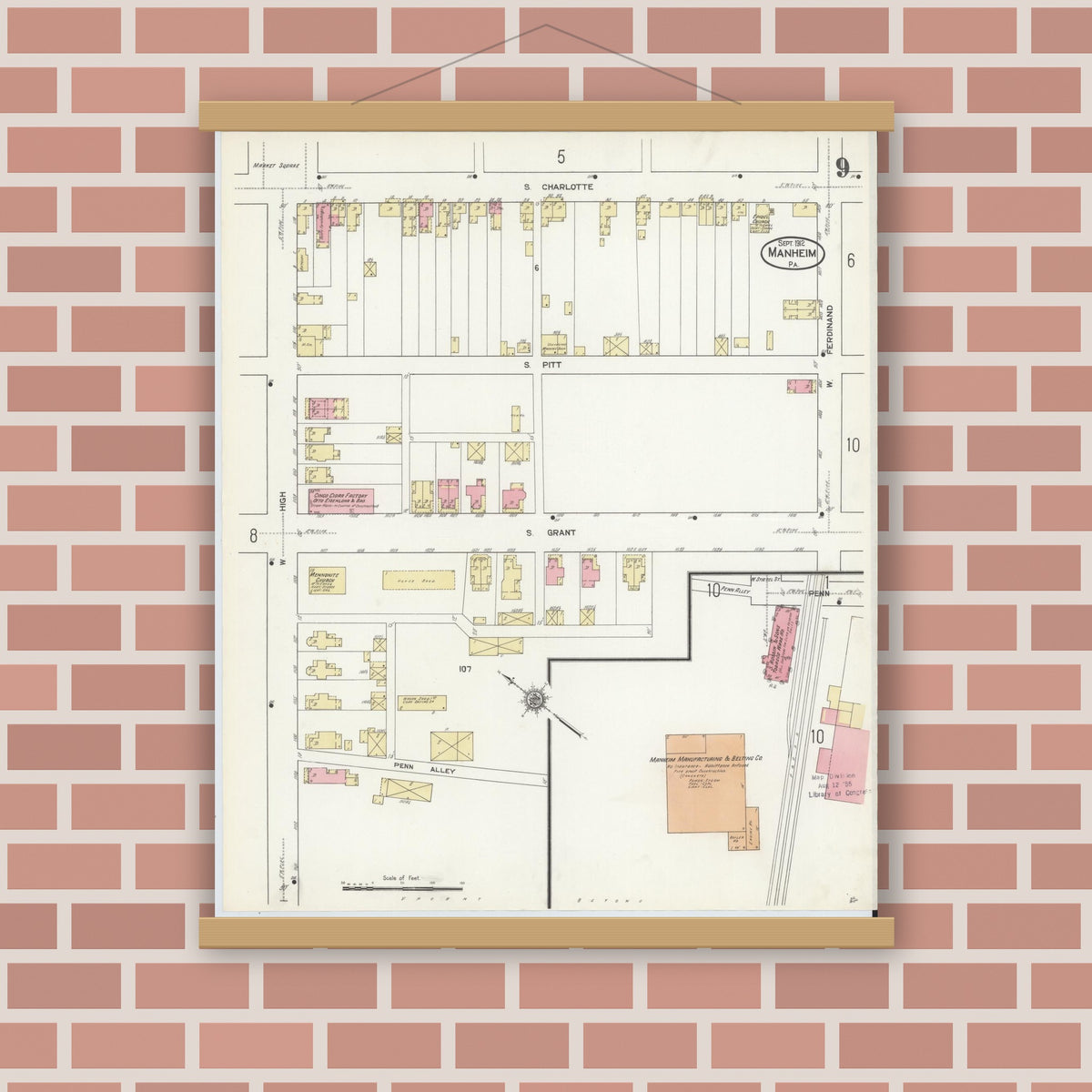 Old map wall art mockup — magnetic wood frame on brick wall — Sanborn Fire Insurance Map from Manheim, Lancaster County, Pennsylvania (1912), Sheet #0009
