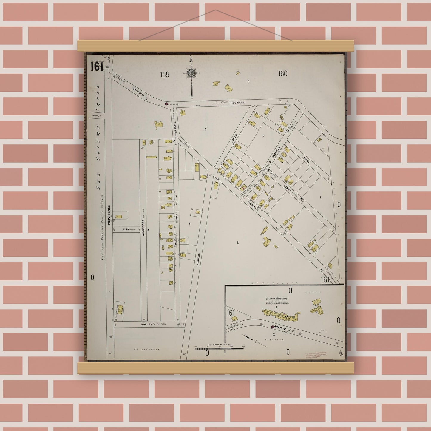 Old map wall art mockup — magnetic wood frame on brick wall — Sanborn Fire Insurance Map from Worcester, Worcester County, Massachusetts (1910), Sheet #0161