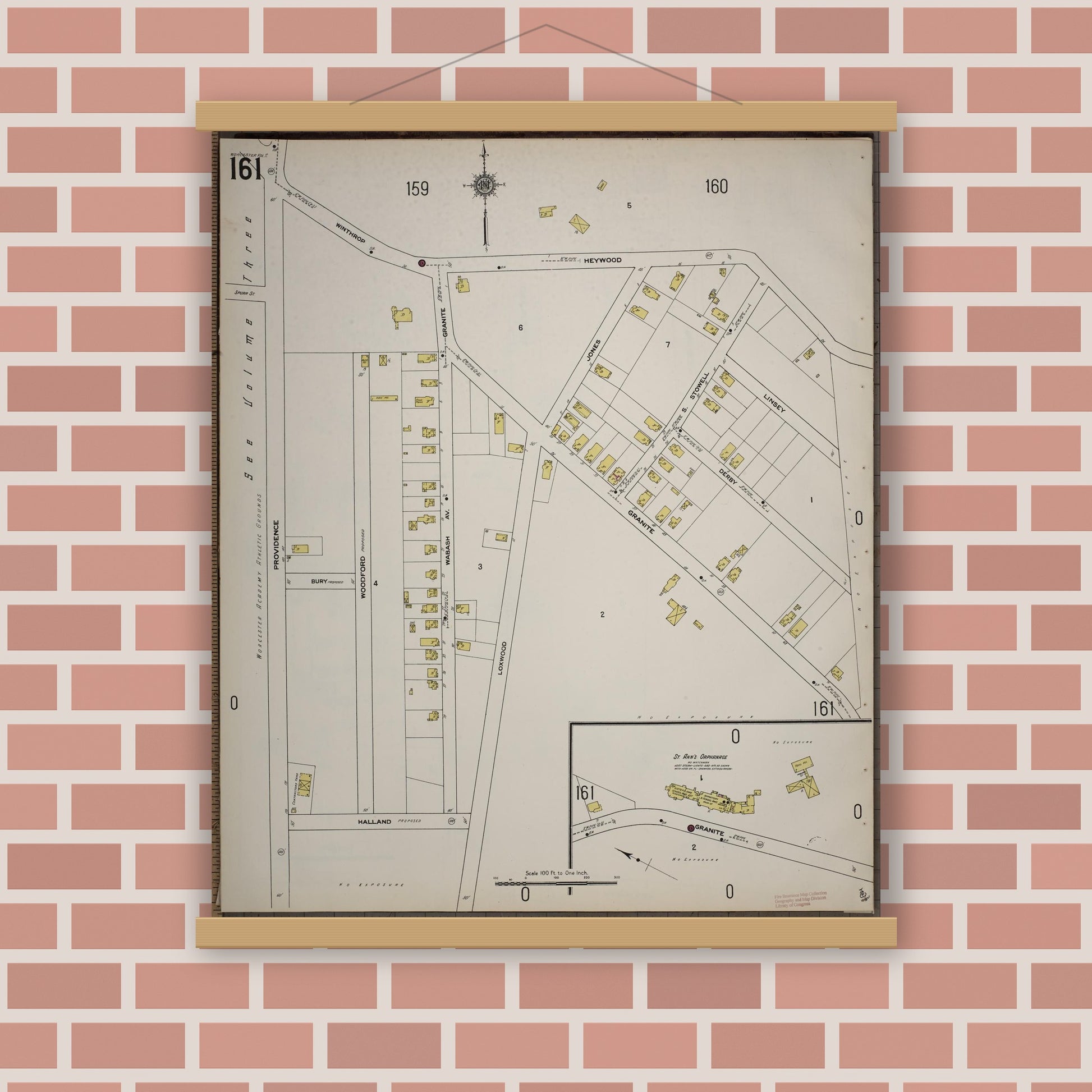 Old map wall art mockup — magnetic wood frame on brick wall — Sanborn Fire Insurance Map from Worcester, Worcester County, Massachusetts (1910), Sheet #0161