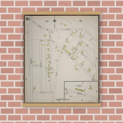 Old map wall art mockup — magnetic wood frame on brick wall — Sanborn Fire Insurance Map from Worcester, Worcester County, Massachusetts (1910), Sheet #0161