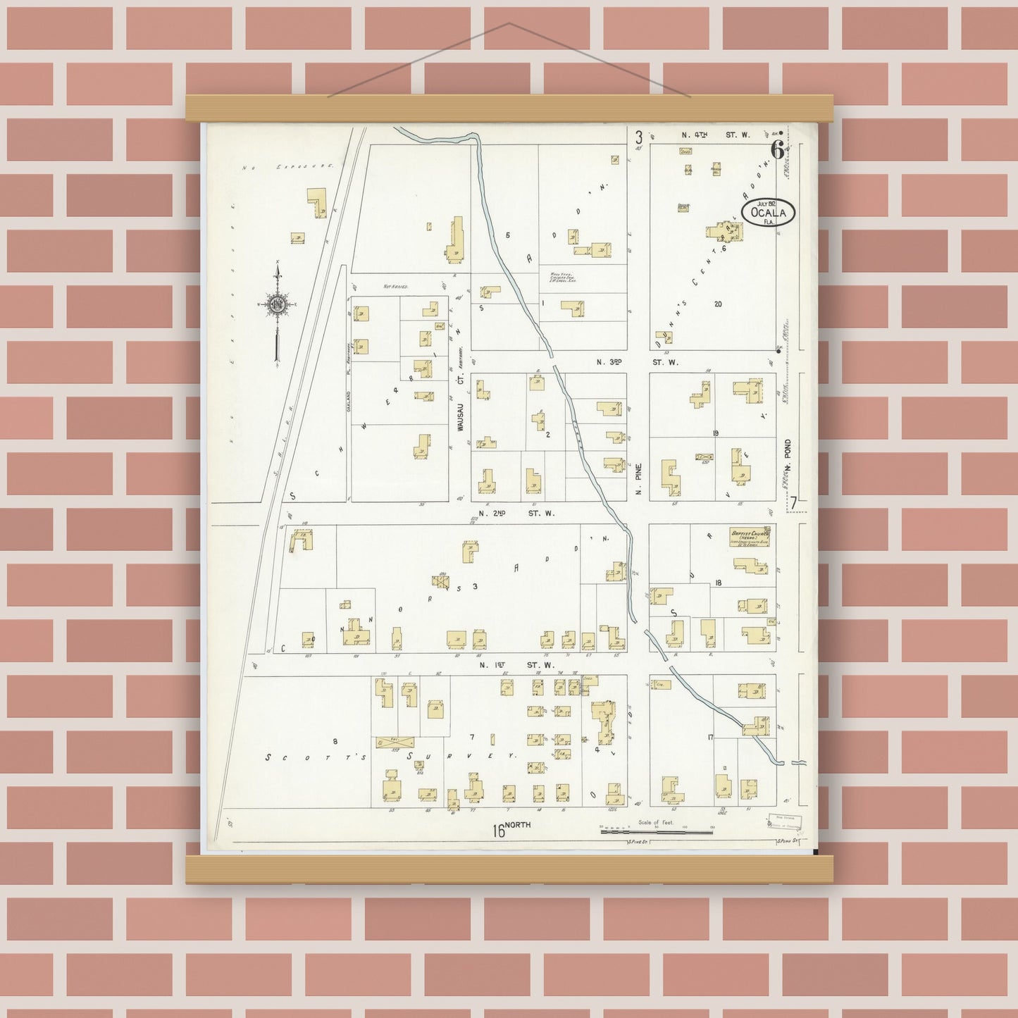 Old map wall art mockup — magnetic wood frame on brick wall — Sanborn Fire Insurance Map from Ocala, Marion County, Florida (1912), Sheet #0006
