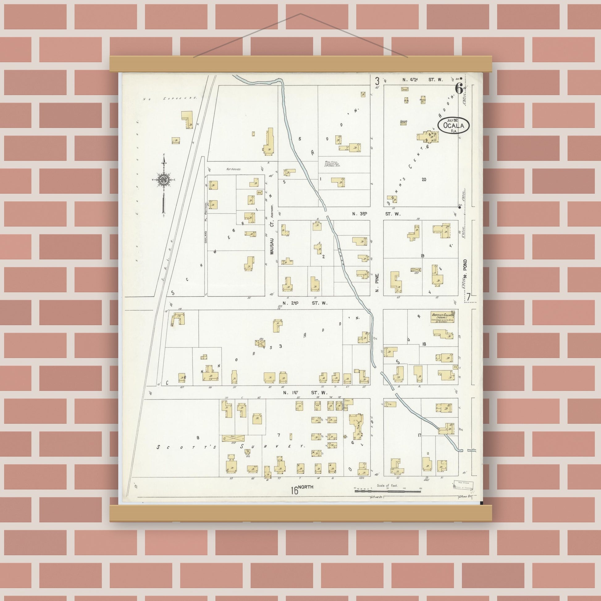 Old map wall art mockup — magnetic wood frame on brick wall — Sanborn Fire Insurance Map from Ocala, Marion County, Florida (1912), Sheet #0006