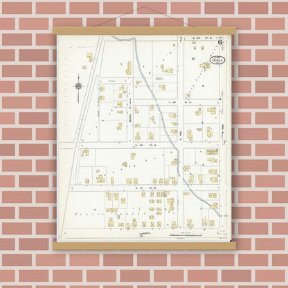Old map wall art mockup — magnetic wood frame on brick wall — Sanborn Fire Insurance Map from Ocala, Marion County, Florida (1912), Sheet #0006