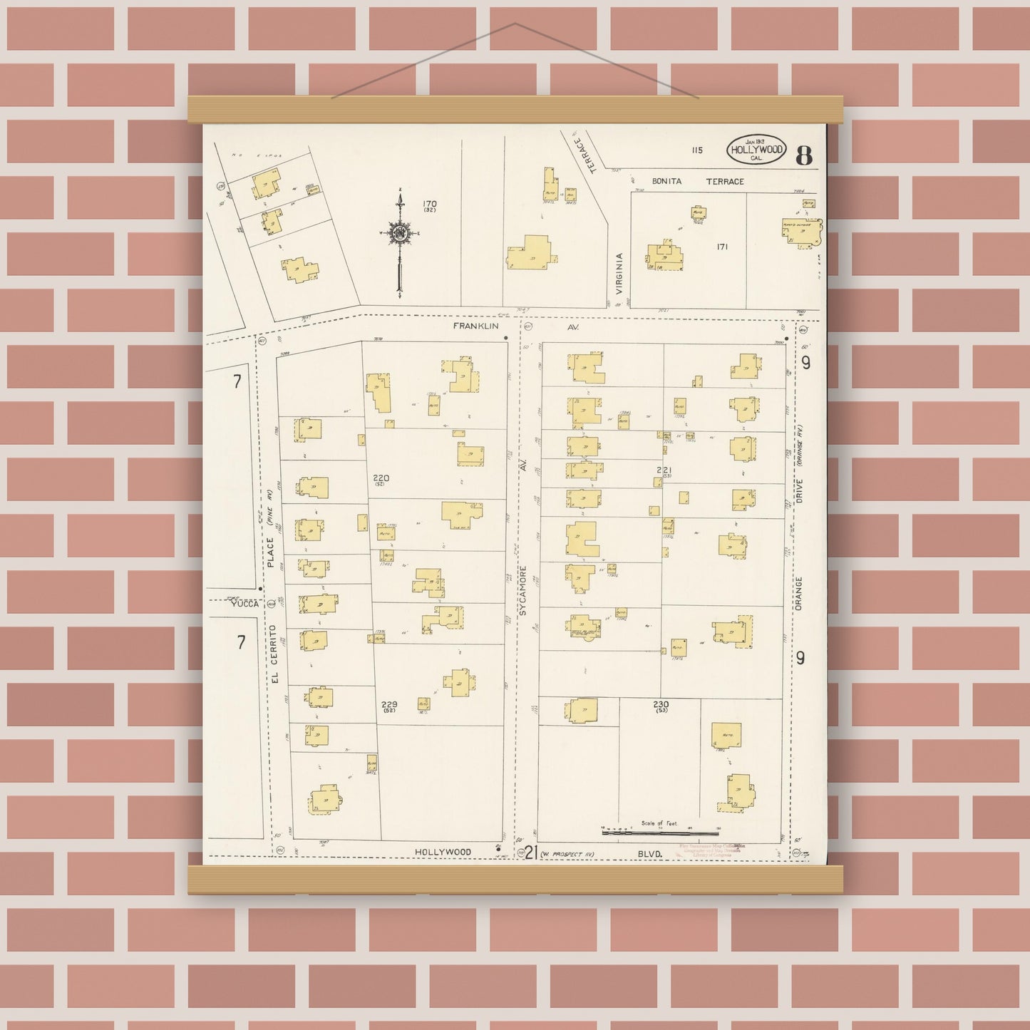 Old map wall art mockup — magnetic wood frame on brick wall — Sanborn Fire Insurance Map from Hollywood, Los Angeles County, California (1913), Sheet #0008