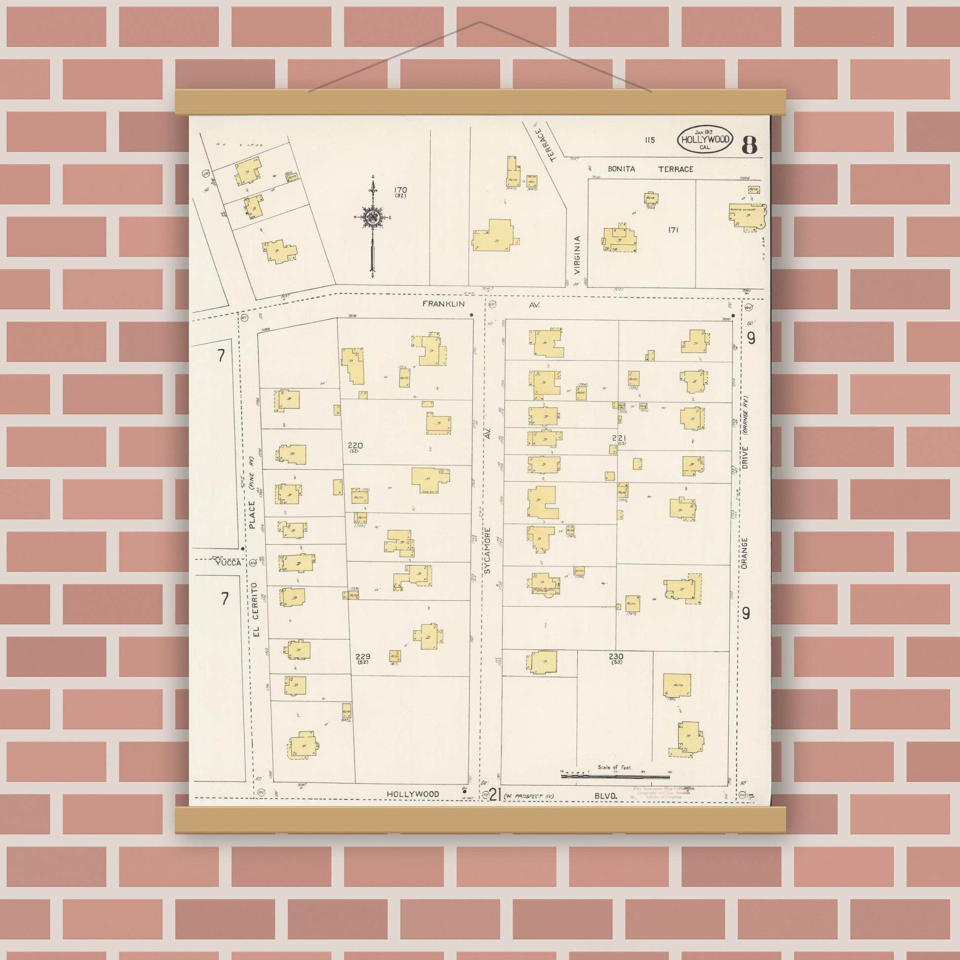 Old map wall art mockup — magnetic wood frame on brick wall — Sanborn Fire Insurance Map from Hollywood, Los Angeles County, California (1913), Sheet #0008