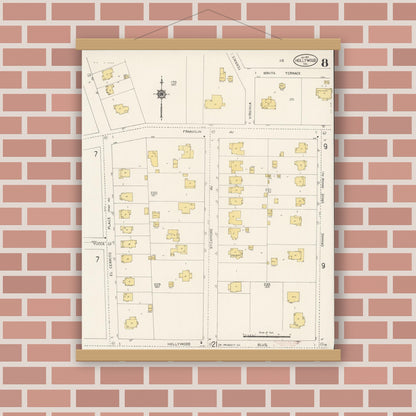 Old map wall art mockup — magnetic wood frame on brick wall — Sanborn Fire Insurance Map from Hollywood, Los Angeles County, California (1913), Sheet #0008