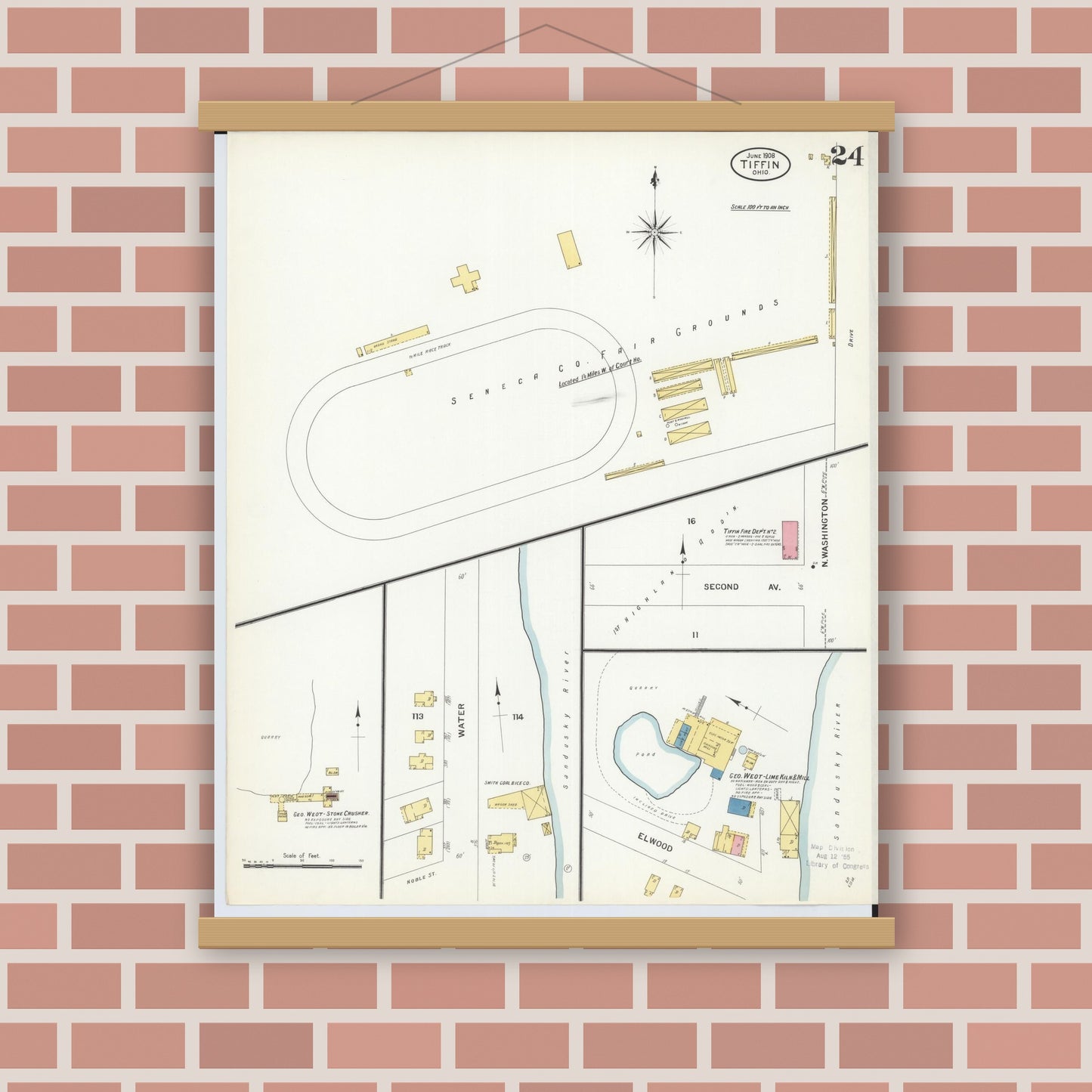 Old map wall art mockup — magnetic wood frame on brick wall — Sanborn Fire Insurance Map from Tiffin, Seneca County, Ohio (1908), Sheet #0024