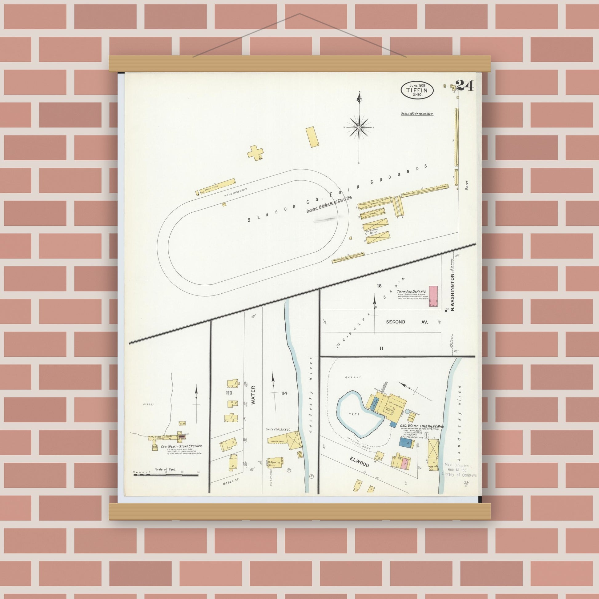 Old map wall art mockup — magnetic wood frame on brick wall — Sanborn Fire Insurance Map from Tiffin, Seneca County, Ohio (1908), Sheet #0024