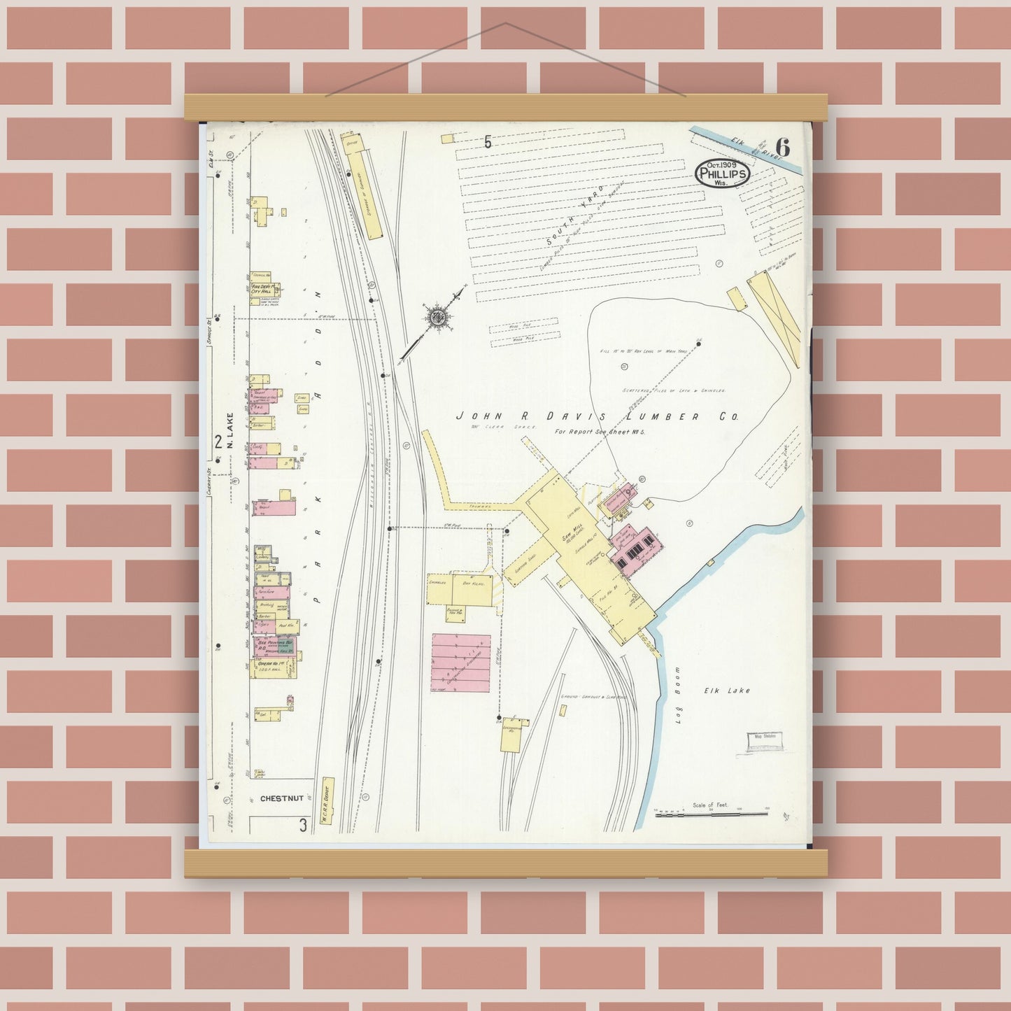 Old map wall art mockup — magnetic wood frame on brick wall — Sanborn Fire Insurance Map from Phillips, Price County, Wisconsin (1909), Sheet #0006
