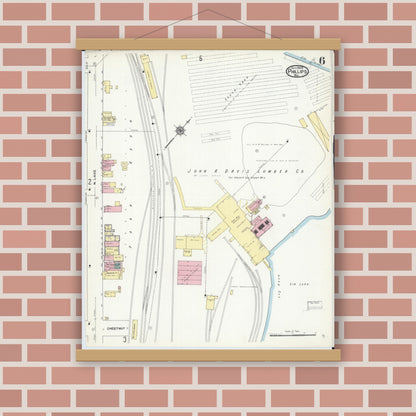Old map wall art mockup — magnetic wood frame on brick wall — Sanborn Fire Insurance Map from Phillips, Price County, Wisconsin (1909), Sheet #0006