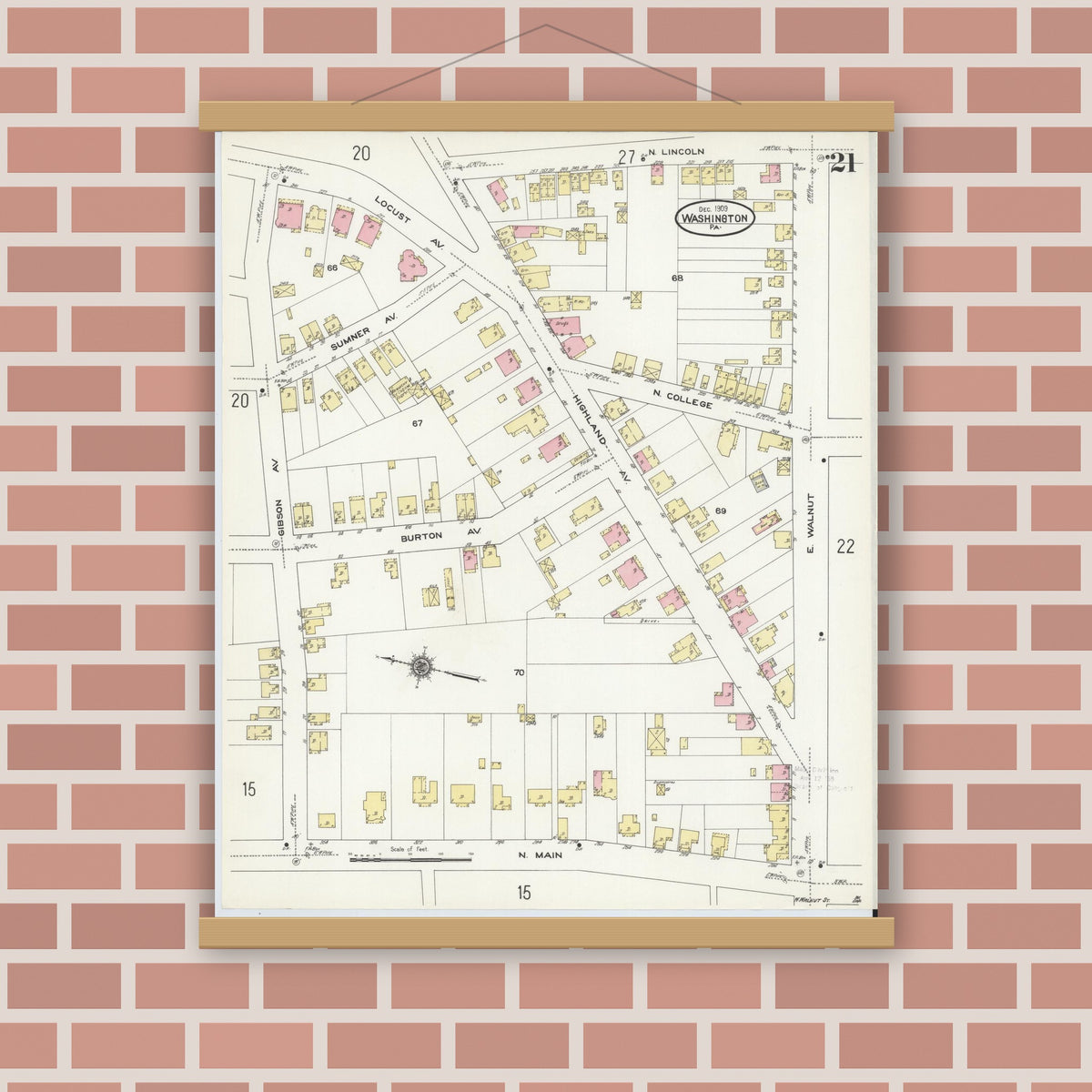 Old map wall art mockup — magnetic wood frame on brick wall — Sanborn Fire Insurance Map from Washington, Washington County, Pennsylvania (1909), Sheet #0021