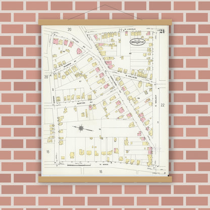 Old map wall art mockup — magnetic wood frame on brick wall — Sanborn Fire Insurance Map from Washington, Washington County, Pennsylvania (1909), Sheet #0021