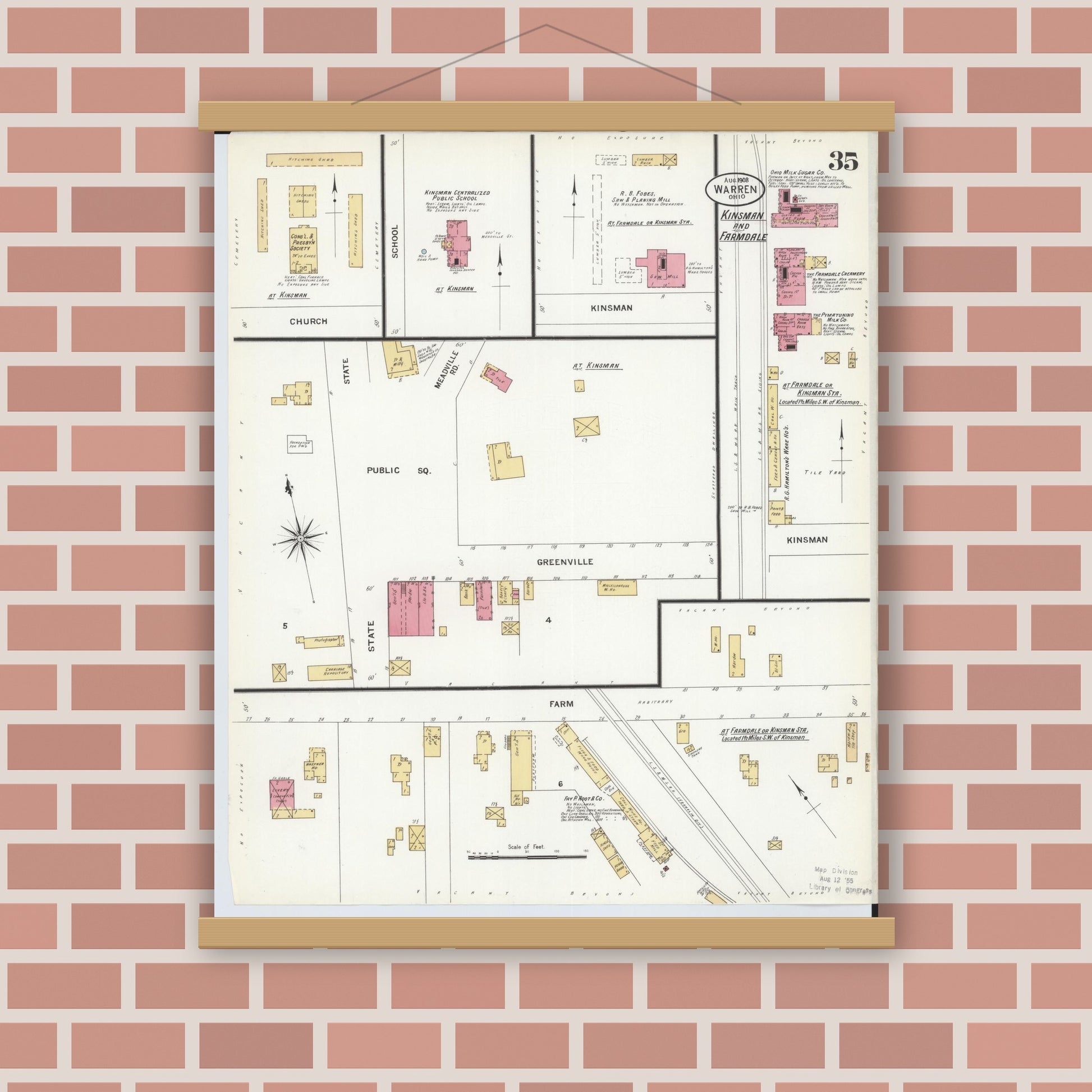 Old map wall art mockup — magnetic wood frame on brick wall — Sanborn Fire Insurance Map from Warren, Trumbull County, Ohio (1908), Sheet #0035