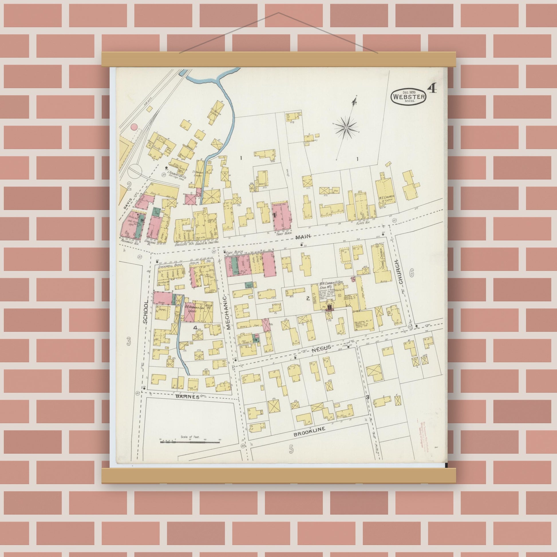 Old map wall art mockup — magnetic wood frame on brick wall — Sanborn Fire Insurance Map from Webster, Worcester County, Massachusetts (1893), Sheet #0004
