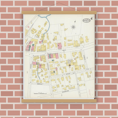 Old map wall art mockup — magnetic wood frame on brick wall — Sanborn Fire Insurance Map from Webster, Worcester County, Massachusetts (1893), Sheet #0004