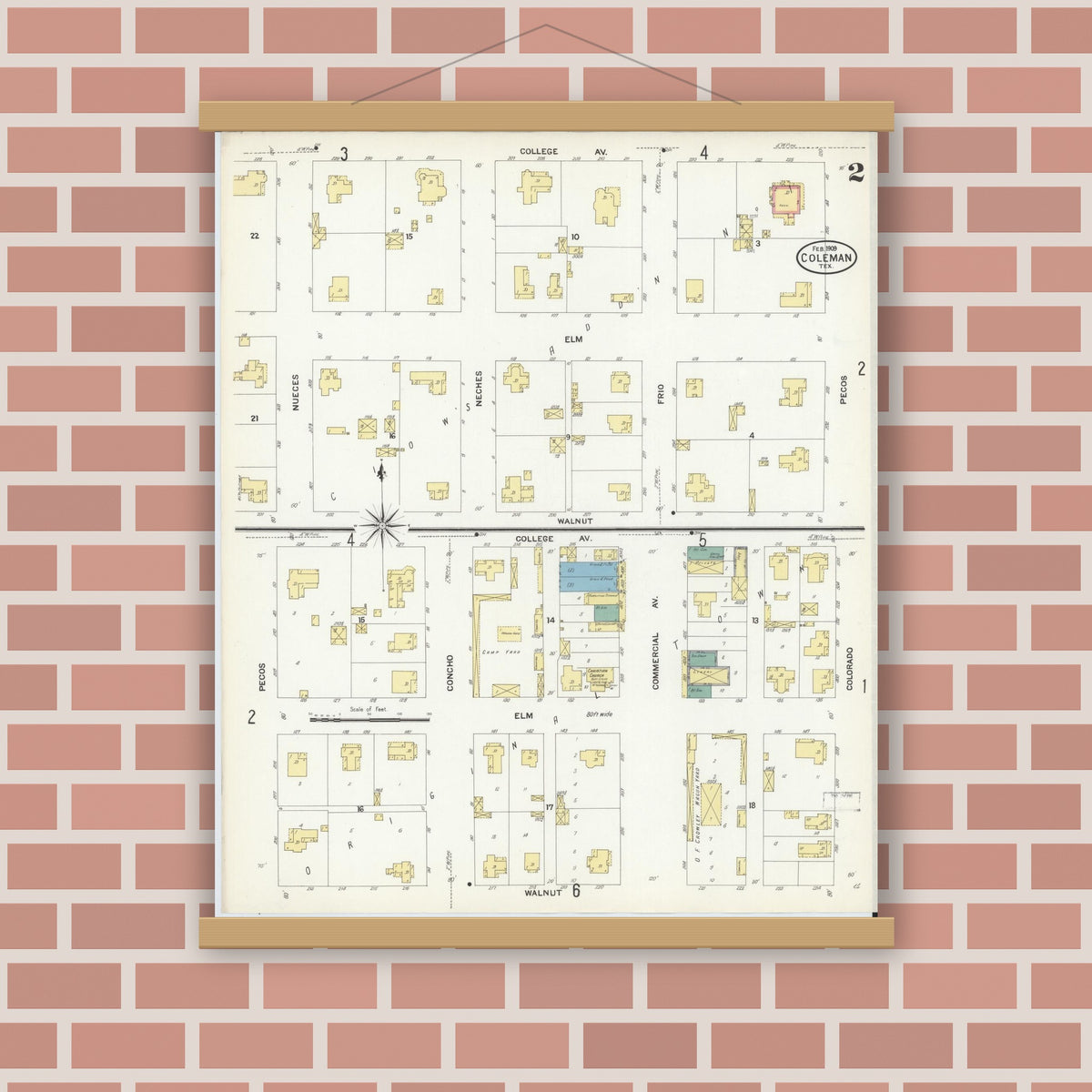 Old map wall art mockup — magnetic wood frame on brick wall — Sanborn Fire Insurance Map from Coleman, Coleman County, Texas (1909), Sheet #0002