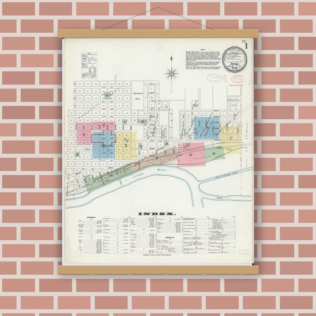 Old map wall art mockup — magnetic wood frame on brick wall — Sanborn Fire Insurance Map from Peru, La Salle County, Illinois (1897), Sheet #0001