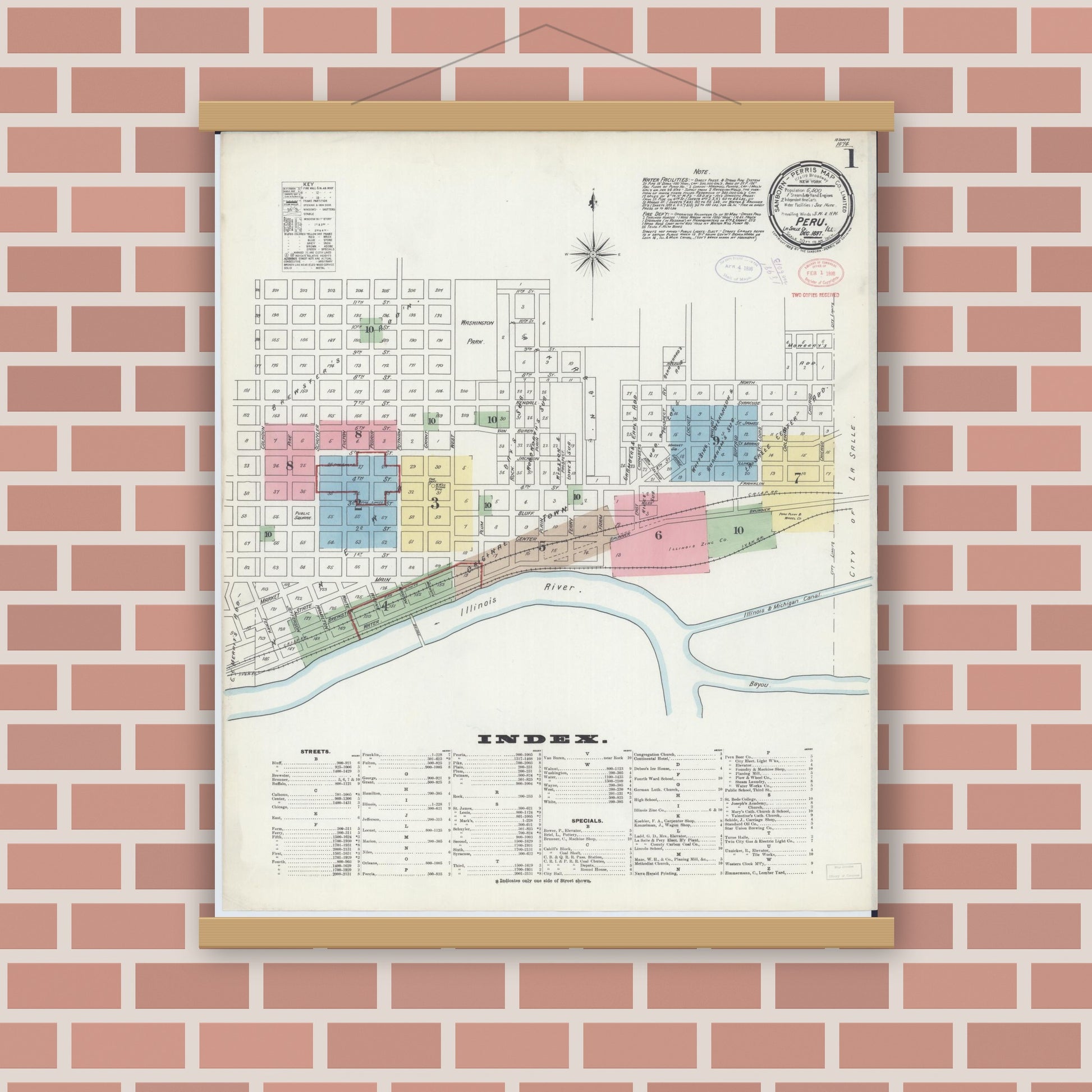 Old map wall art mockup — magnetic wood frame on brick wall — Sanborn Fire Insurance Map from Peru, La Salle County, Illinois (1897), Sheet #0001