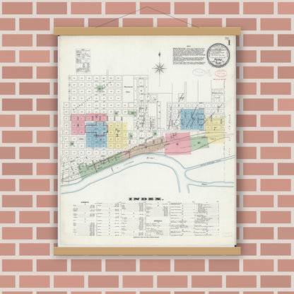 Old map wall art mockup — magnetic wood frame on brick wall — Sanborn Fire Insurance Map from Peru, La Salle County, Illinois (1897), Sheet #0001