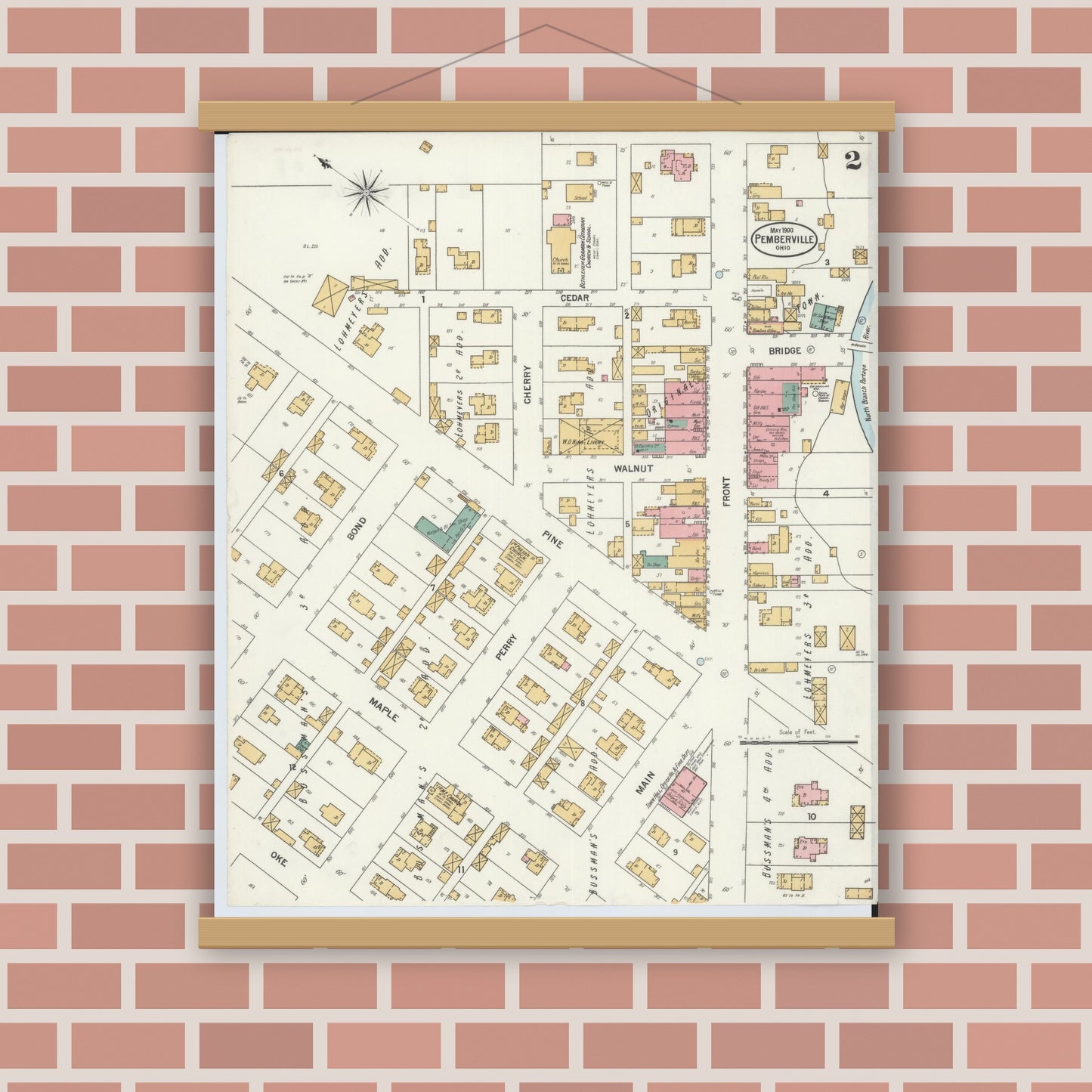 Old map wall art mockup — magnetic wood frame on brick wall — Sanborn Fire Insurance Map from Pemberville, Wood County, Ohio (1900), Sheet #0002