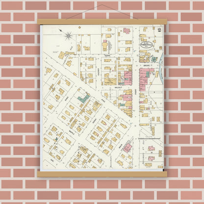 Old map wall art mockup — magnetic wood frame on brick wall — Sanborn Fire Insurance Map from Pemberville, Wood County, Ohio (1900), Sheet #0002