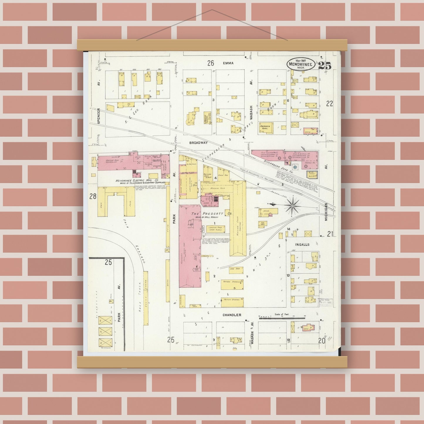 Old map wall art mockup — magnetic wood frame on brick wall — Sanborn Fire Insurance Map from Menominee, Menominee County, Michigan (1907), Sheet #0025