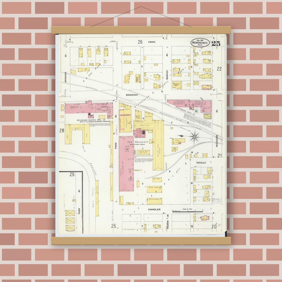 Old map wall art mockup — magnetic wood frame on brick wall — Sanborn Fire Insurance Map from Menominee, Menominee County, Michigan (1907), Sheet #0025