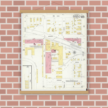 Old map wall art mockup — magnetic wood frame on brick wall — Sanborn Fire Insurance Map from Menominee, Menominee County, Michigan (1907), Sheet #0025