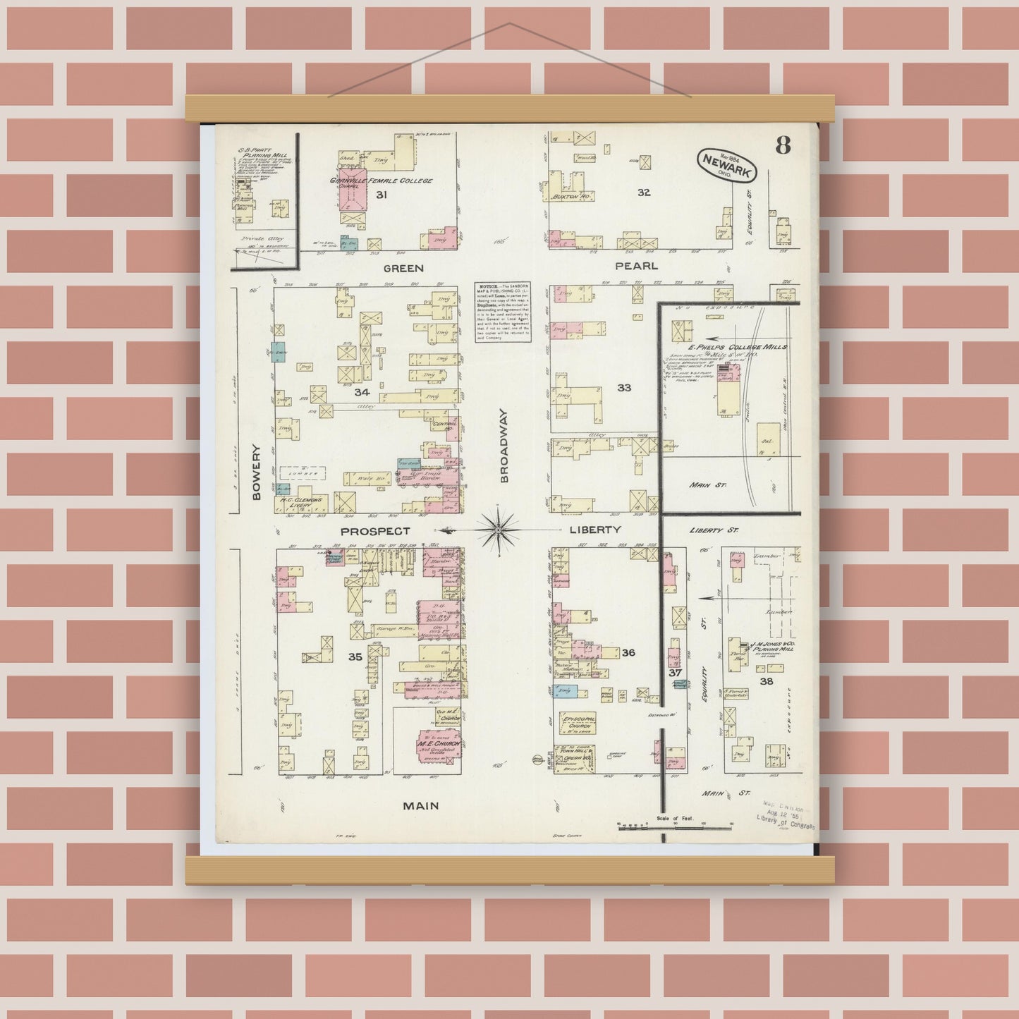 Old map wall art mockup — magnetic wood frame on brick wall — Sanborn Fire Insurance Map from Newark, Licking County, Ohio (1884), Sheet #0008