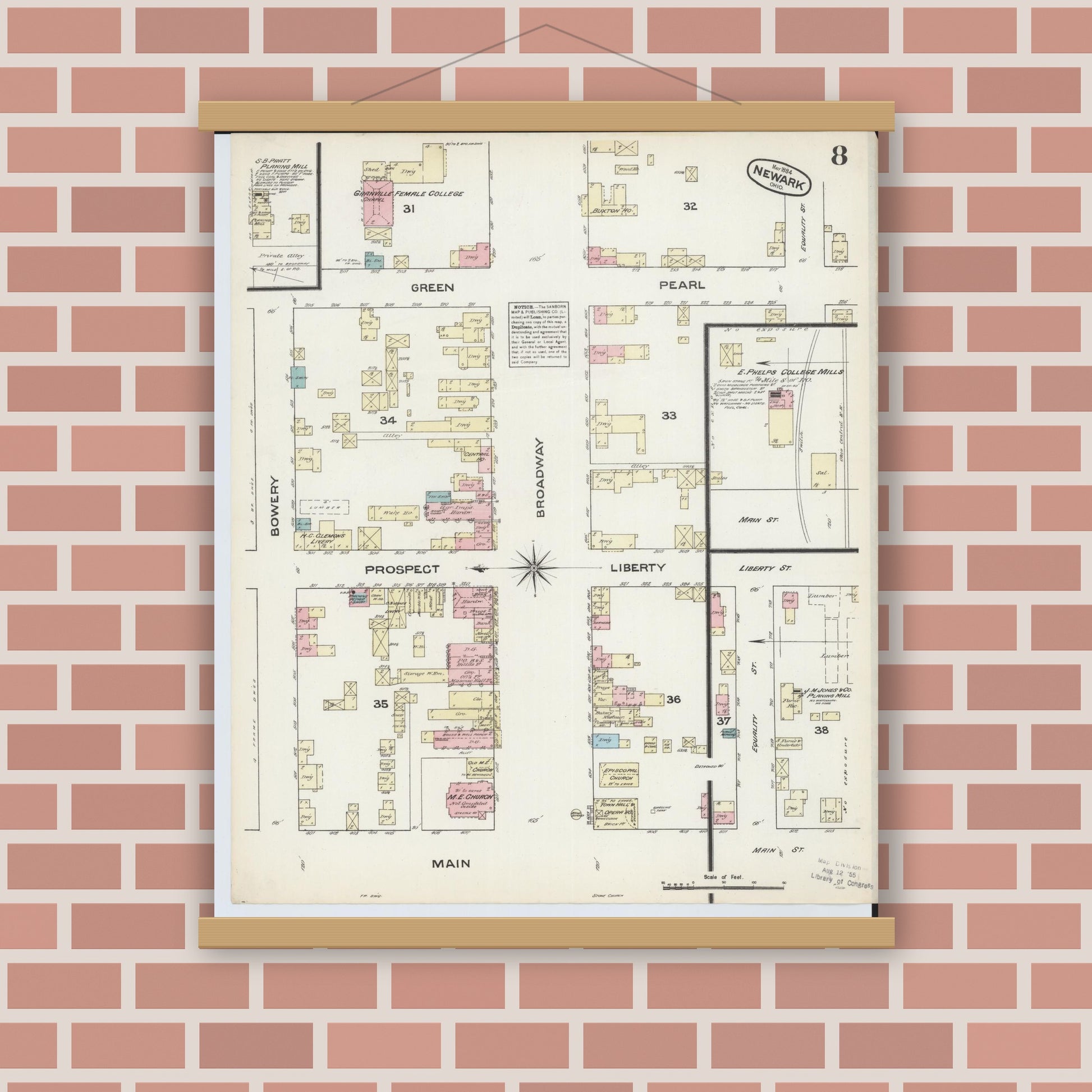 Old map wall art mockup — magnetic wood frame on brick wall — Sanborn Fire Insurance Map from Newark, Licking County, Ohio (1884), Sheet #0008
