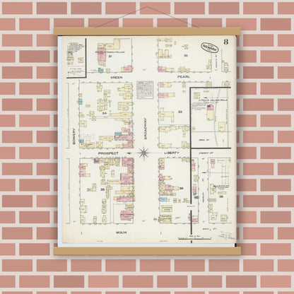 Old map wall art mockup — magnetic wood frame on brick wall — Sanborn Fire Insurance Map from Newark, Licking County, Ohio (1884), Sheet #0008