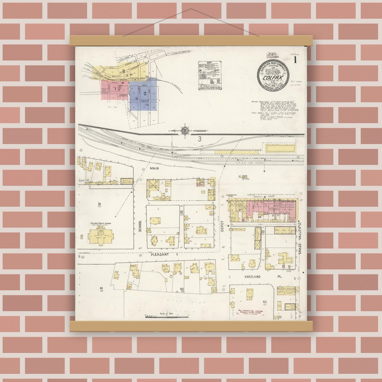 Old map wall art mockup — magnetic wood frame on brick wall — Sanborn Fire Insurance Map from Colfax, Placer County, California (1910) - Complete Map Set