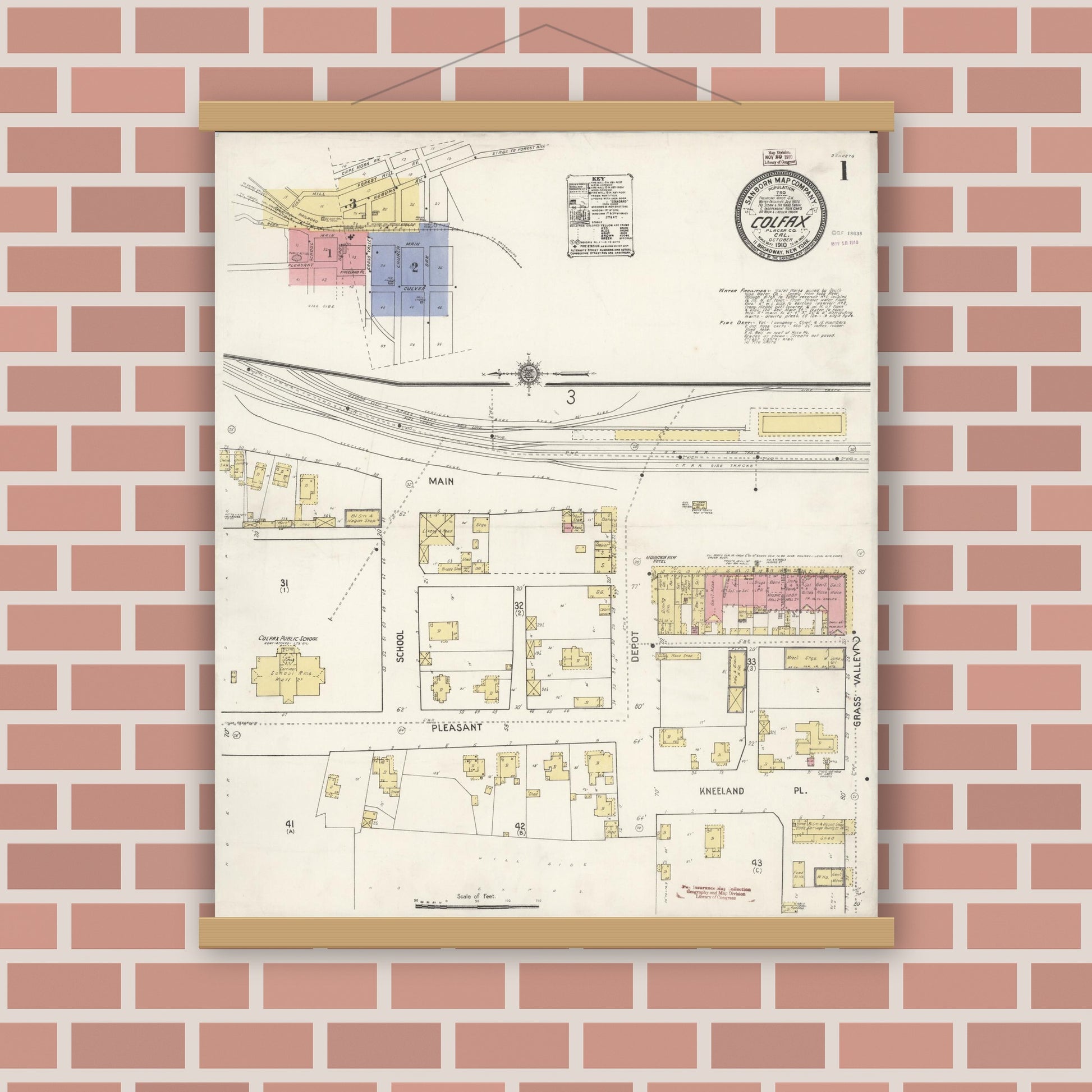 Old map wall art mockup — magnetic wood frame on brick wall — Sanborn Fire Insurance Map from Colfax, Placer County, California (1910) - Complete Map Set