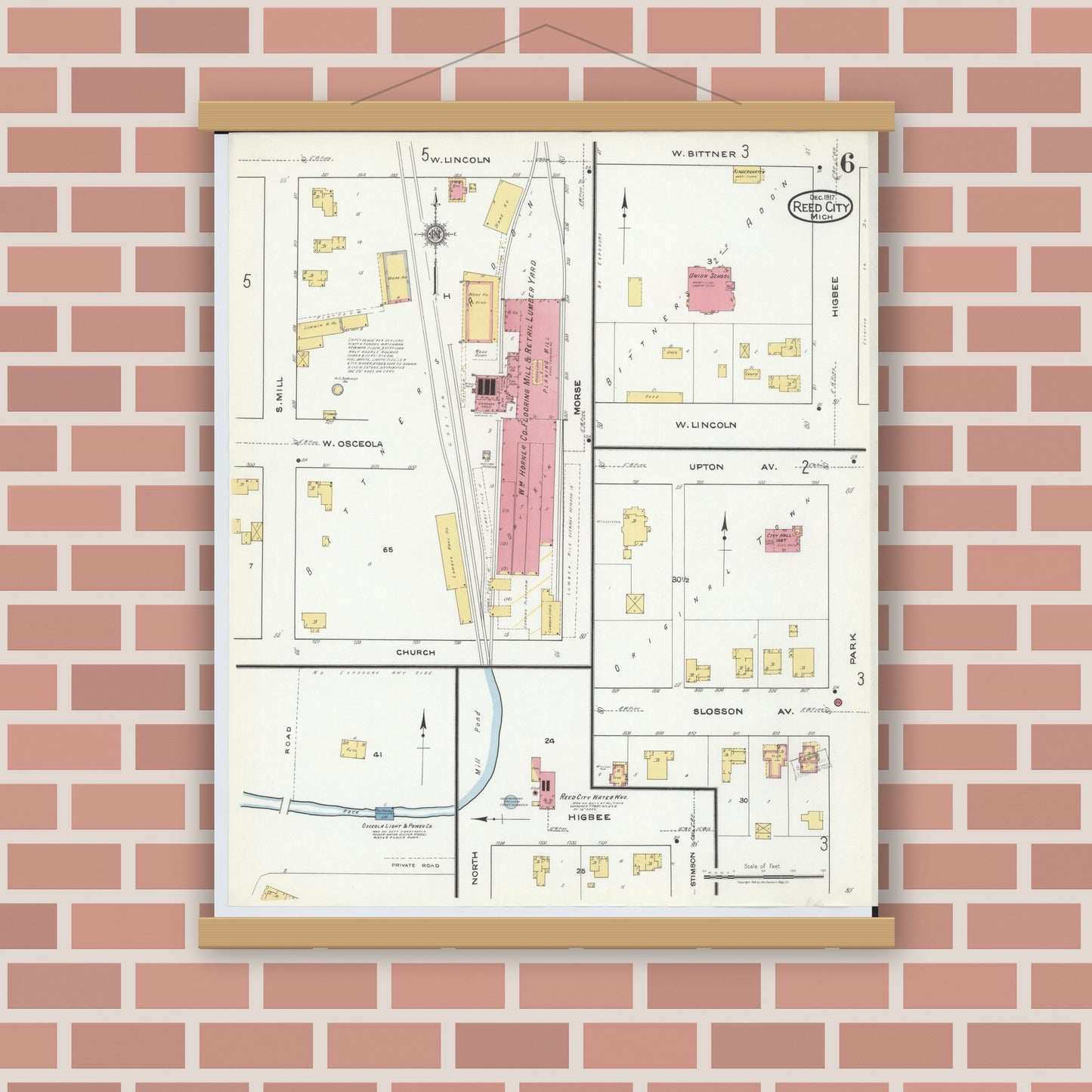 Old map wall art mockup — magnetic wood frame on brick wall — Sanborn Fire Insurance Map from Reed City, Osceola County, Michigan (1917), Sheet #0006