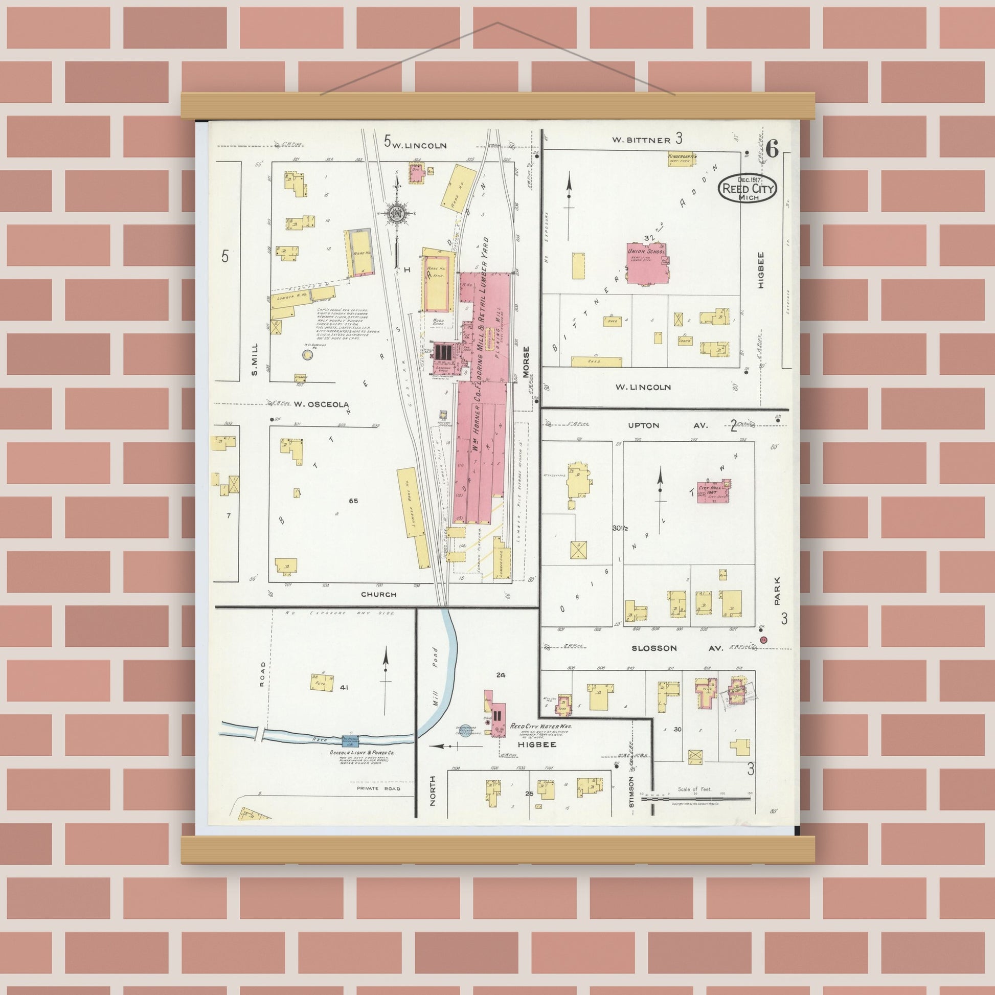 Old map wall art mockup — magnetic wood frame on brick wall — Sanborn Fire Insurance Map from Reed City, Osceola County, Michigan (1917), Sheet #0006