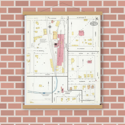 Old map wall art mockup — magnetic wood frame on brick wall — Sanborn Fire Insurance Map from Reed City, Osceola County, Michigan (1917), Sheet #0006