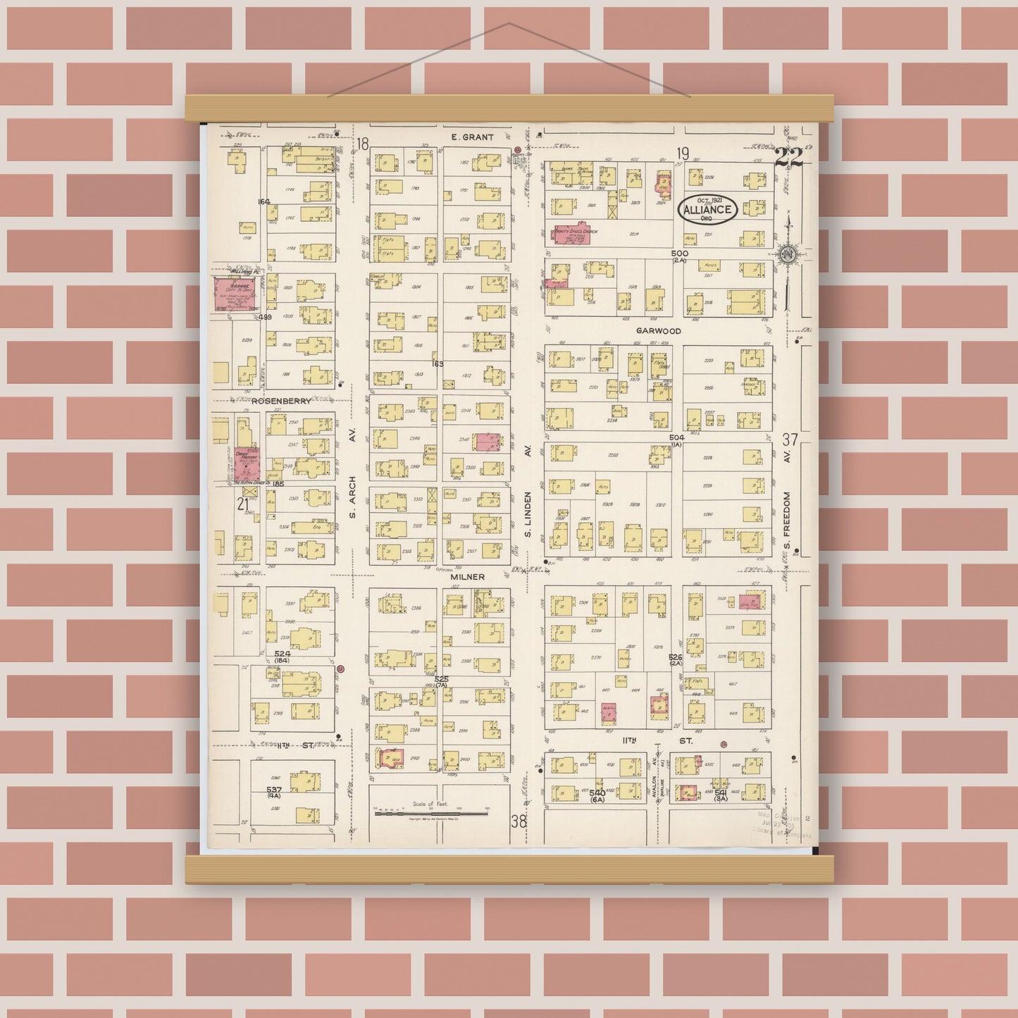 Old map wall art mockup — magnetic wood frame on brick wall — Sanborn Fire Insurance Map from Alliance, Stark County, Ohio (1921), Sheet #0022