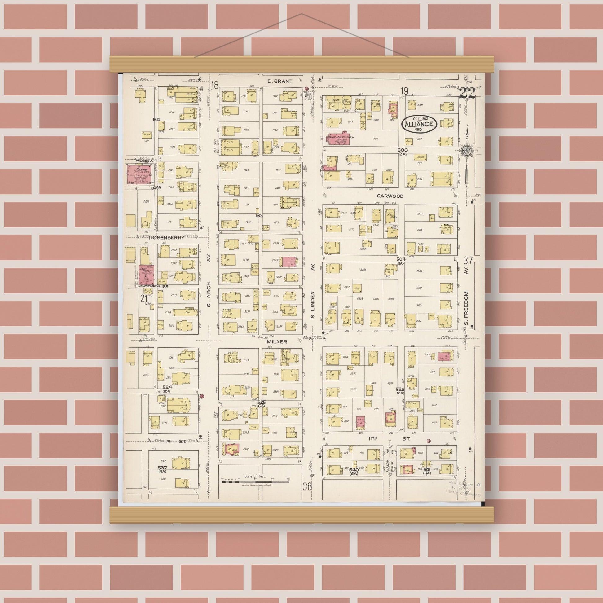 Old map wall art mockup — magnetic wood frame on brick wall — Sanborn Fire Insurance Map from Alliance, Stark County, Ohio (1921), Sheet #0022