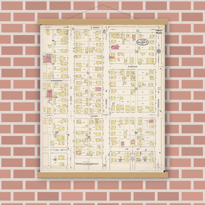 Old map wall art mockup — magnetic wood frame on brick wall — Sanborn Fire Insurance Map from Alliance, Stark County, Ohio (1921), Sheet #0022